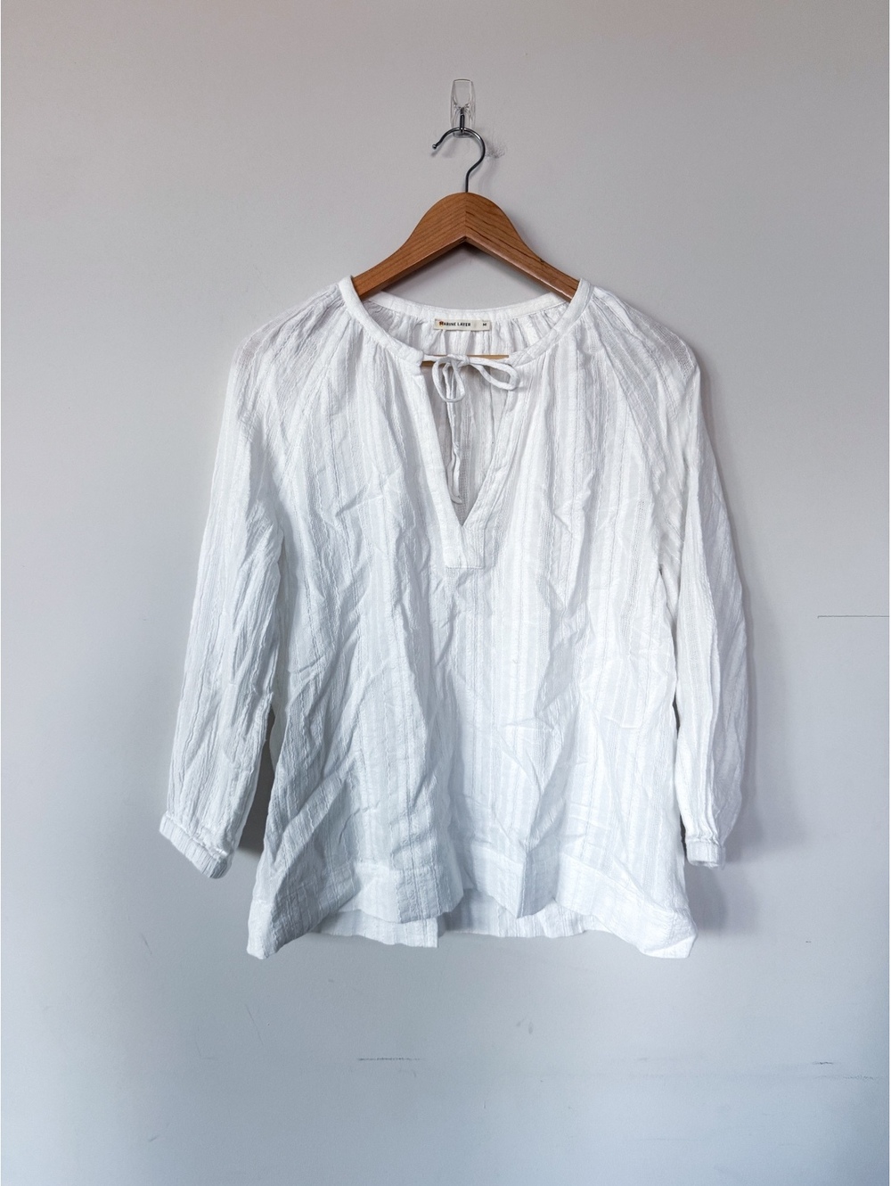 Marine Layer Women M White Cotton Gauze Tie Neck Blouse Long Sleeve Top Casual